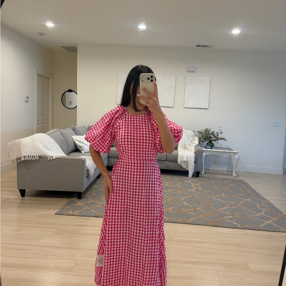 ASOS Pink Gingham Puff-Sleeve Maxi Dress